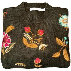 Bishop + Young Embroidered Flower Rolled Hem Sweater Green Sz L Cottagecore Boho